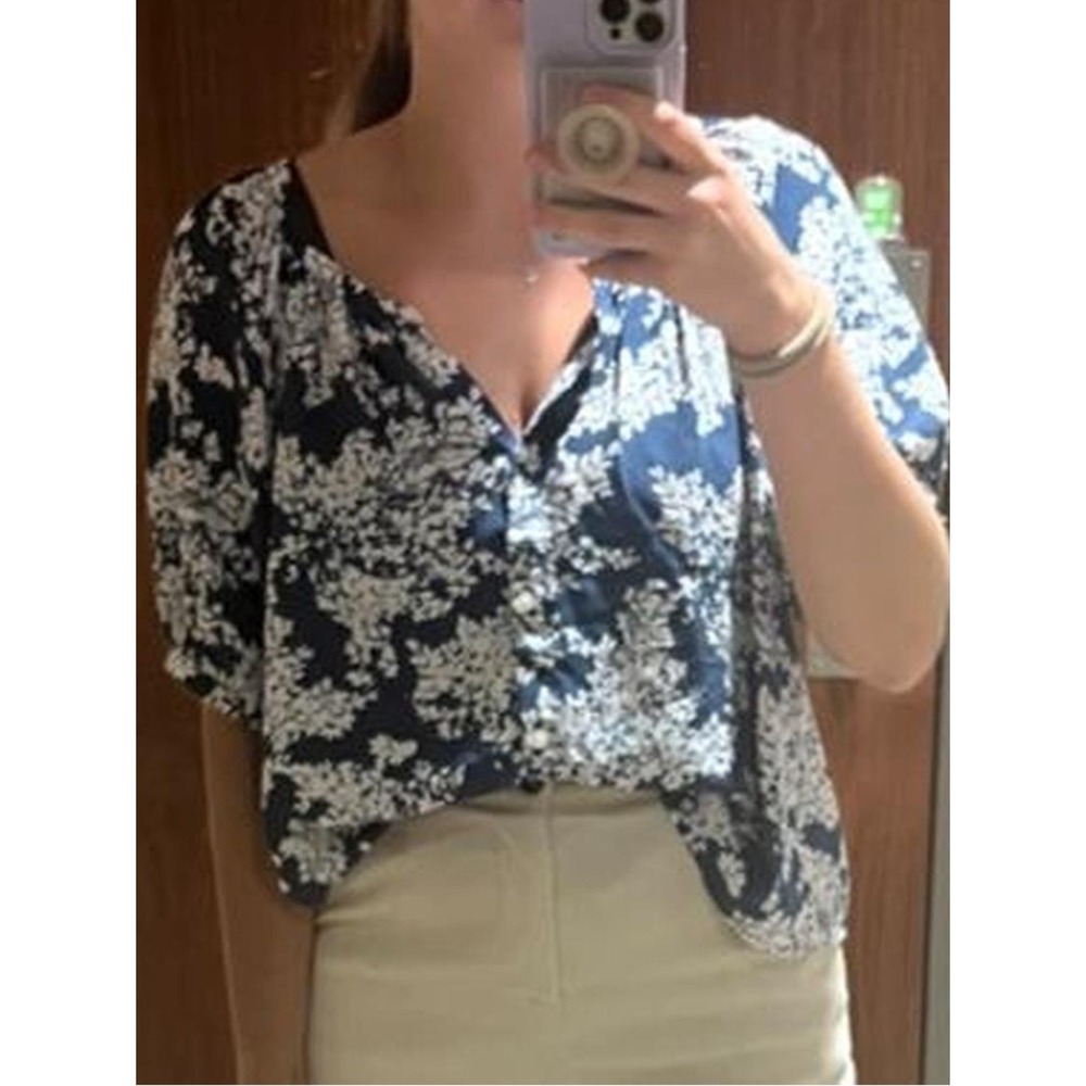 Abercrombie &‎ Fitch New XS Navy and White Floral Peasant Blouse Puff Sleeves - Picture 9 of 9